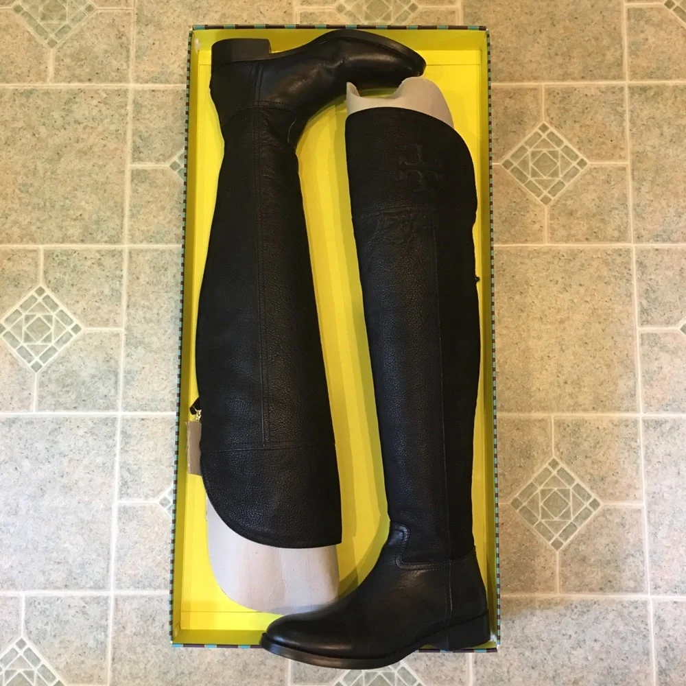 Tory Burch Black Over-The-Knee Leather Riding Boots with Embossed Logo